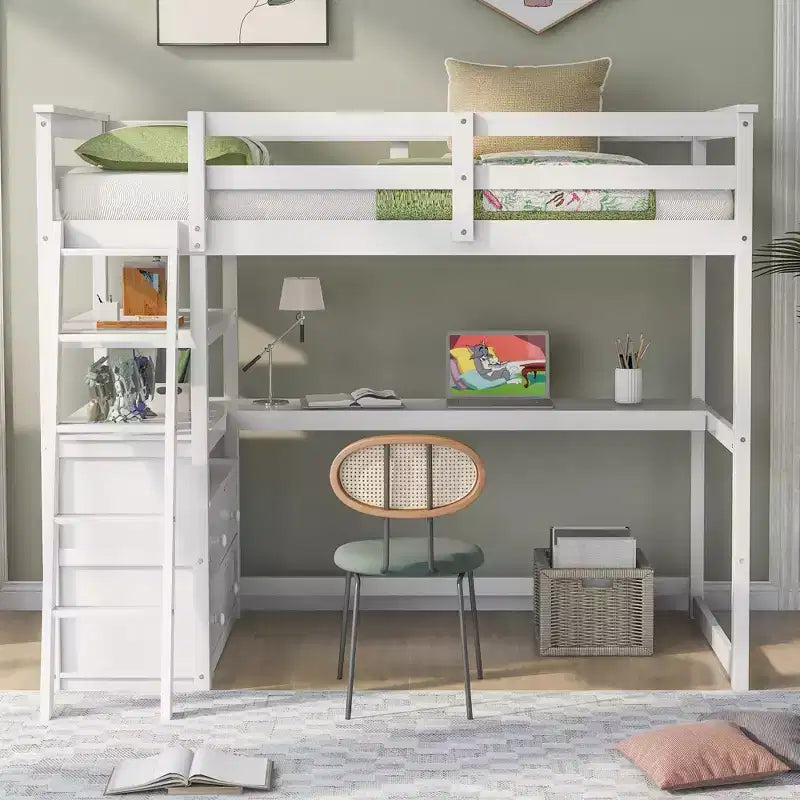 GDFStudio Garcia Wood Loft Bed with Desk and Shelves, Two Built-in Drawers