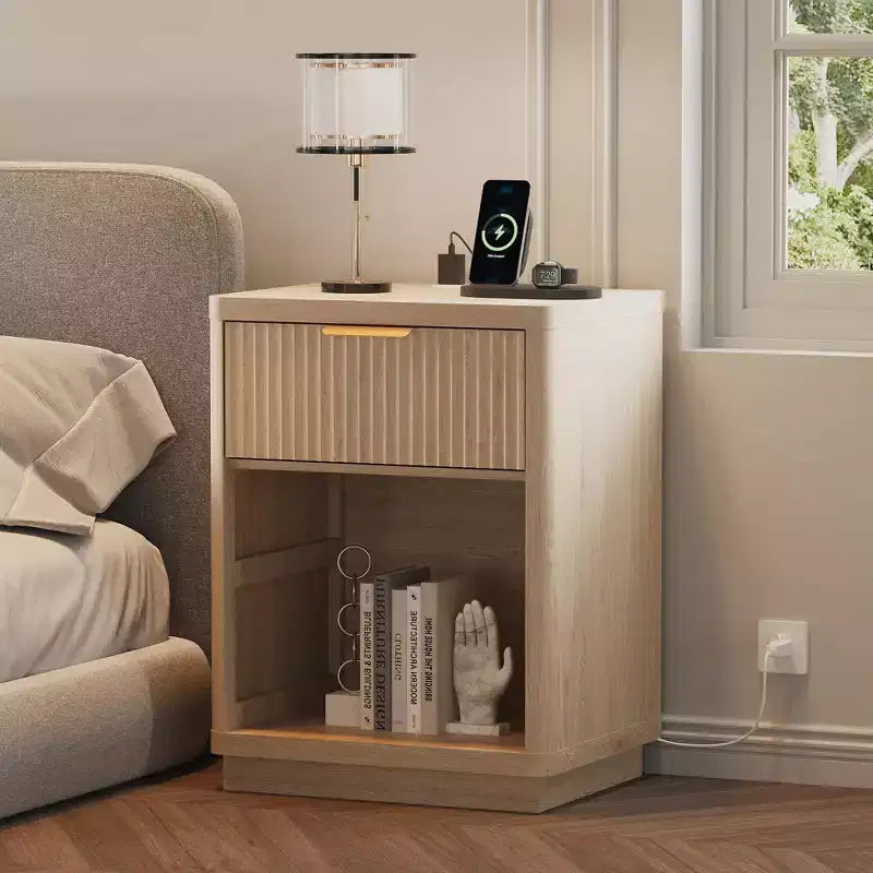 Fluted Nightstand with Charging Station, Mid Century Modern Fluted Nightstand, Wooden Night Stand, Modern End Table with Curved Corners