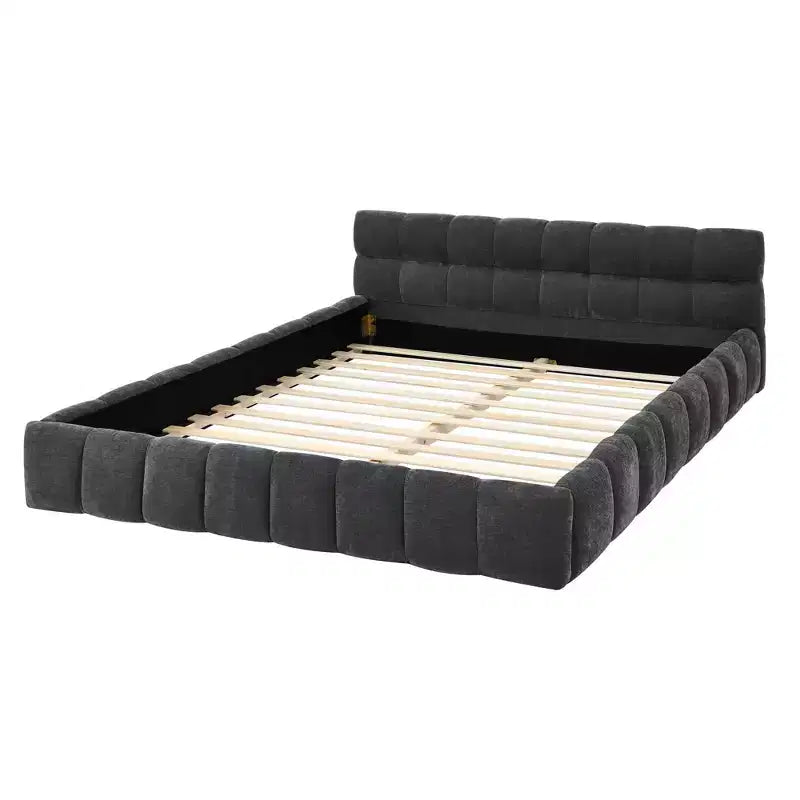 MAYEERTY Queen Size Upholstered Bed Frame with Headboard Solid Frame Chenille Fabric Dark Gray