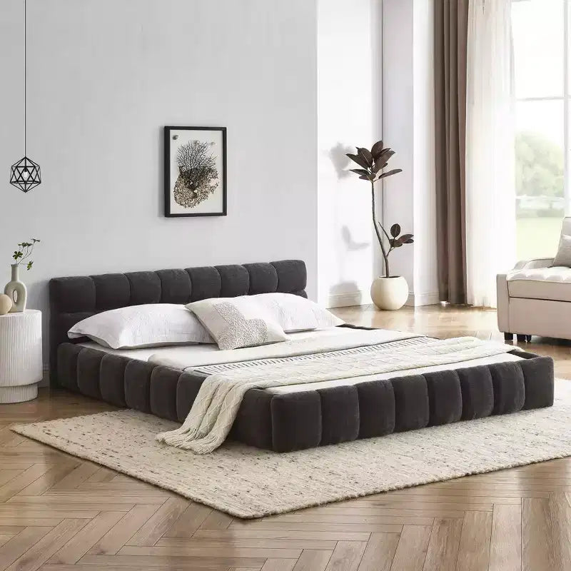MAYEERTY Queen Size Upholstered Bed Frame with Headboard Solid Frame Chenille Fabric Dark Gray