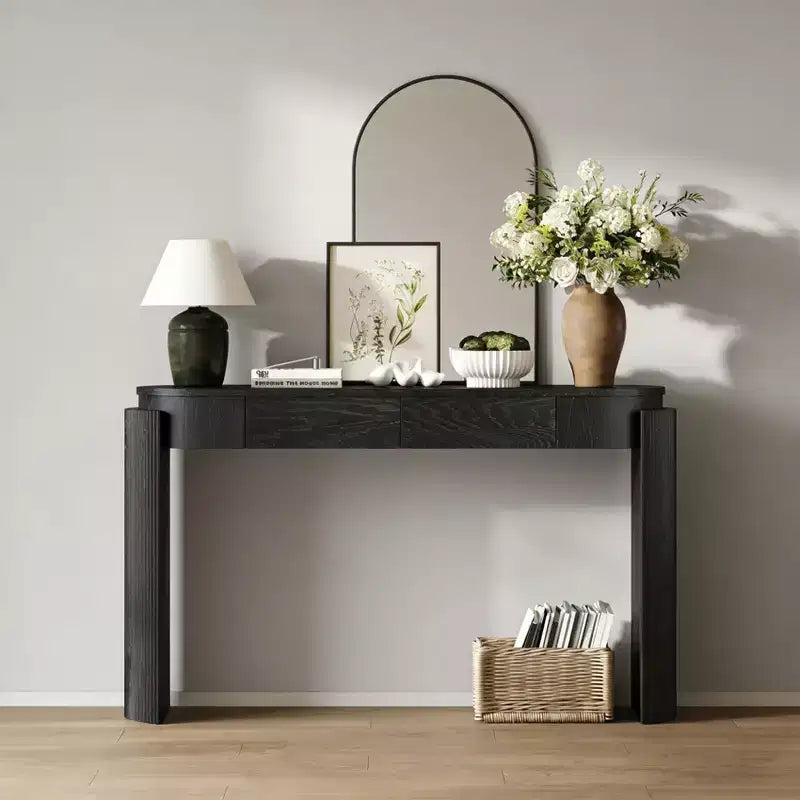 Entryway Console Table with Natural Wood Grain Finish, Fluted Design, Oval Top and 2 Drawers, Storage Table for Entryway or Living Room, Black