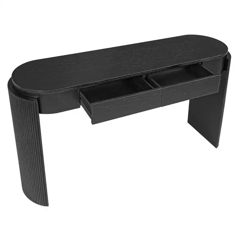 Entryway Console Table with Natural Wood Grain Finish, Fluted Design, Oval Top and 2 Drawers, Storage Table for Entryway or Living Room, Black