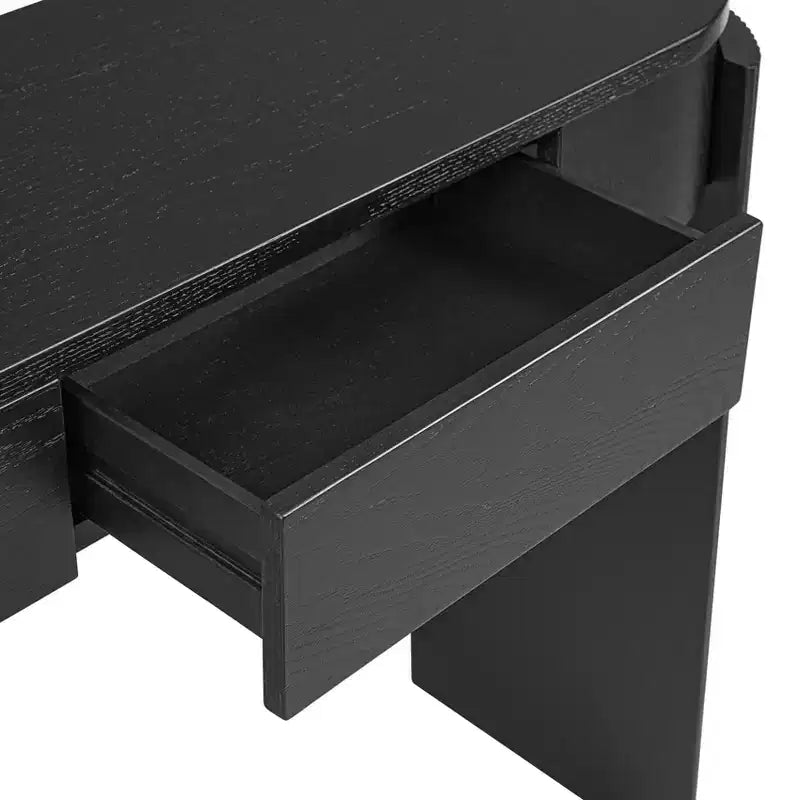 Entryway Console Table with Natural Wood Grain Finish, Fluted Design, Oval Top and 2 Drawers, Storage Table for Entryway or Living Room, Black