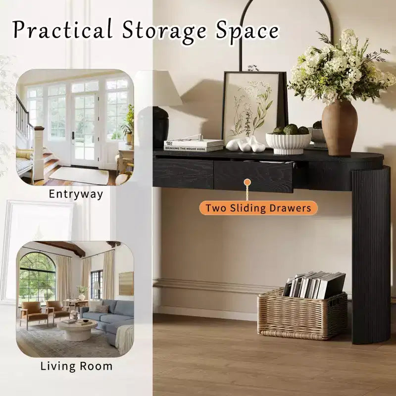 Entryway Console Table with Natural Wood Grain Finish, Fluted Design, Oval Top and 2 Drawers, Storage Table for Entryway or Living Room, Black