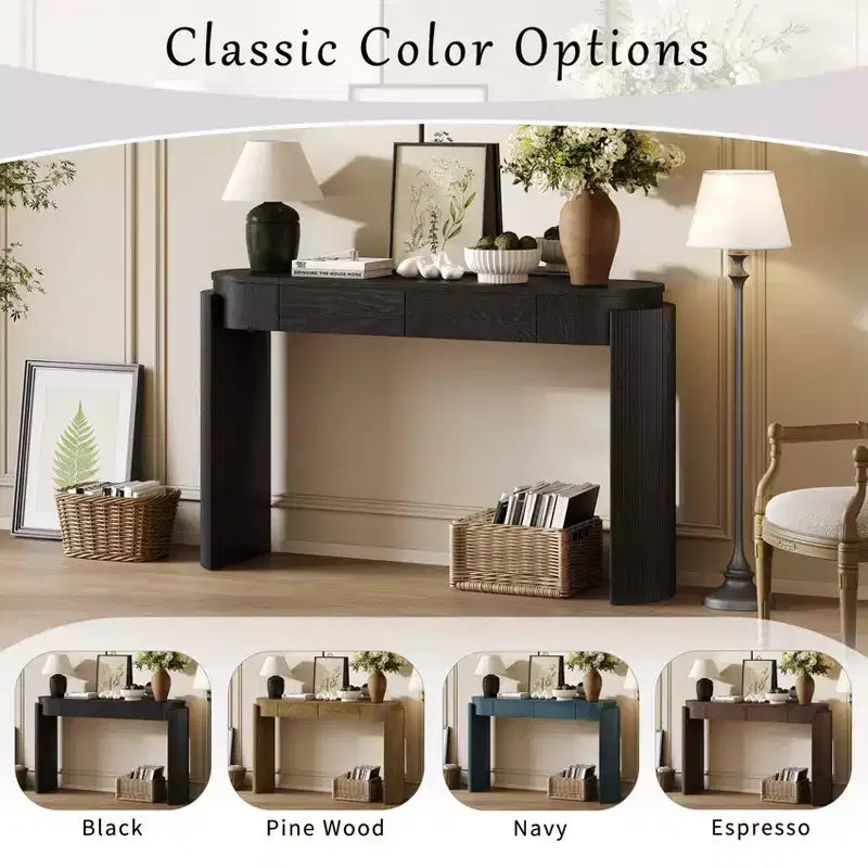 Entryway Console Table with Natural Wood Grain Finish, Fluted Design, Oval Top and 2 Drawers, Storage Table for Entryway or Living Room, Black