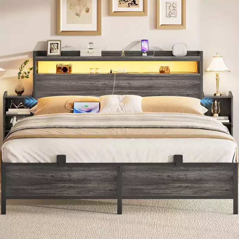 Besiost Full Bookcase Bed with Storage Slide Bedside Shelf and Charging Station & LED Light