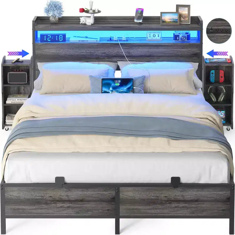 Besiost Full Bookcase Bed with Storage Slide Bedside Shelf and Charging Station & LED Light