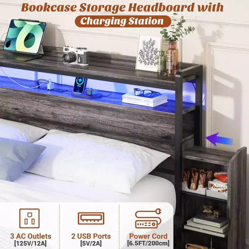 Besiost Full Bookcase Bed with Storage Slide Bedside Shelf and Charging Station & LED Light