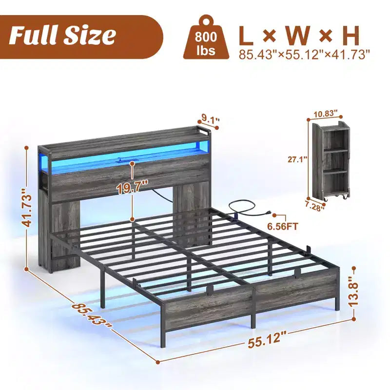 Besiost Full Bookcase Bed with Storage Slide Bedside Shelf and Charging Station & LED Light