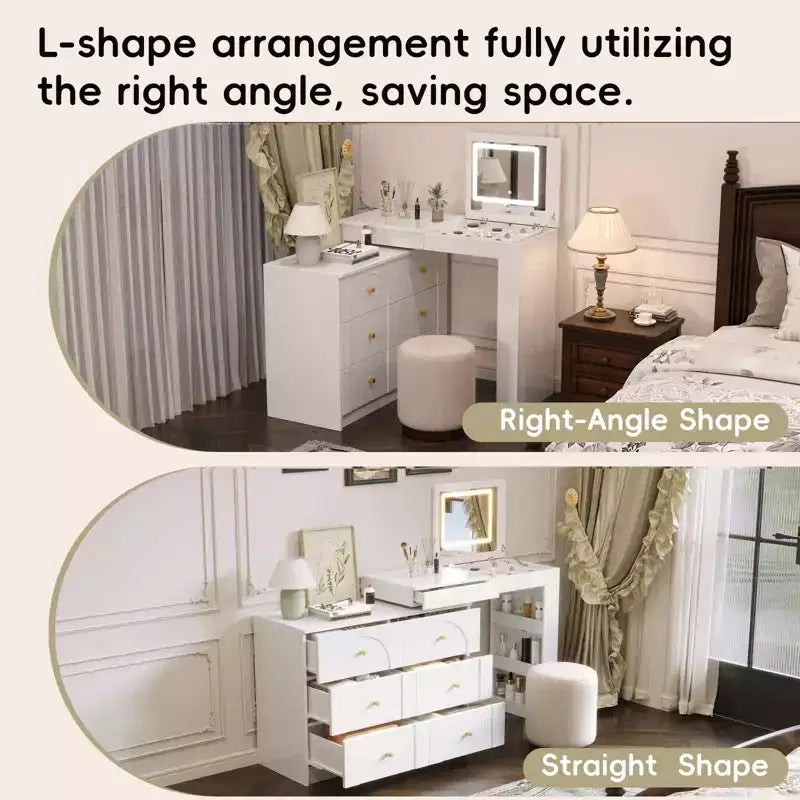 GDFStudio Patricia Modern Mirror Vanity Desk with LED Light, 7 Drawers, 9 Compartments and 3 Shelves