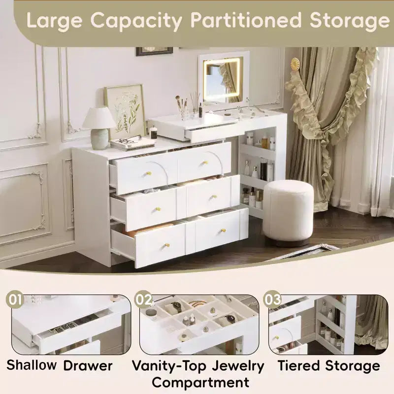 GDFStudio Patricia Modern Mirror Vanity Desk with LED Light, 7 Drawers, 9 Compartments and 3 Shelves
