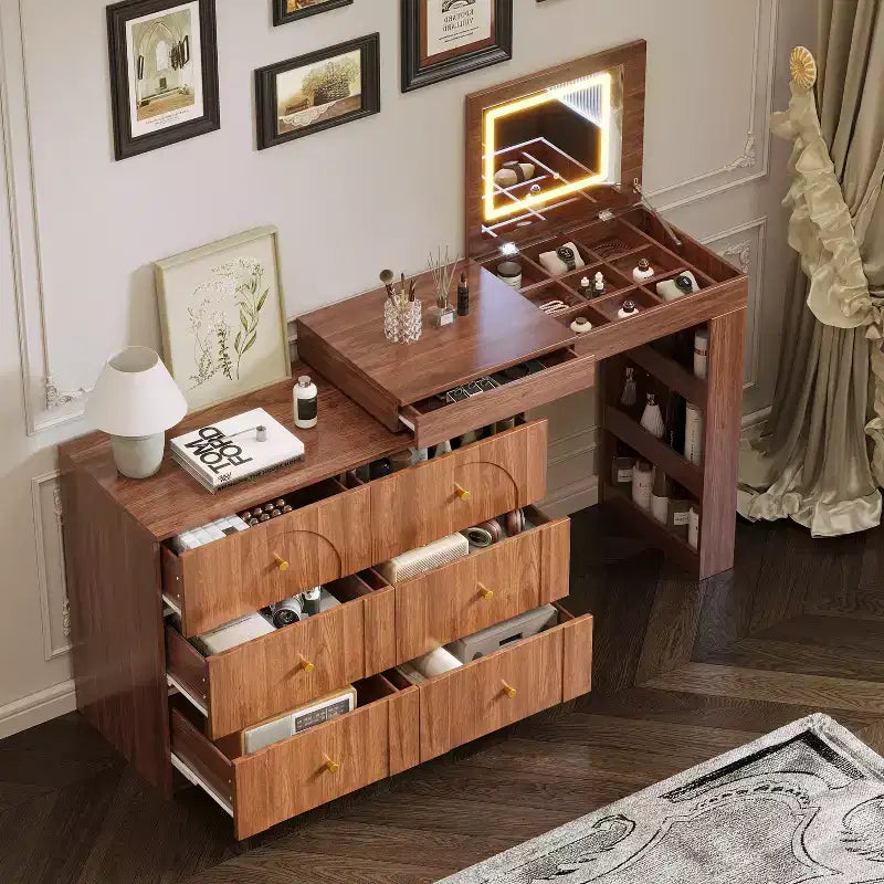 GDFStudio Patricia Modern Mirror Vanity Desk with LED Light, 7 Drawers, 9 Compartments and 3 Shelves