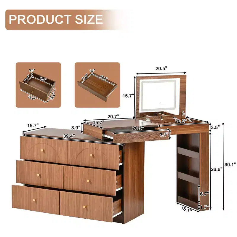 GDFStudio Patricia Modern Mirror Vanity Desk with LED Light, 7 Drawers, 9 Compartments and 3 Shelves