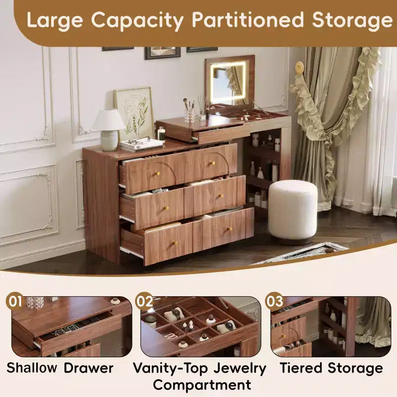 GDFStudio Patricia Modern Mirror Vanity Desk with LED Light, 7 Drawers, 9 Compartments and 3 Shelves