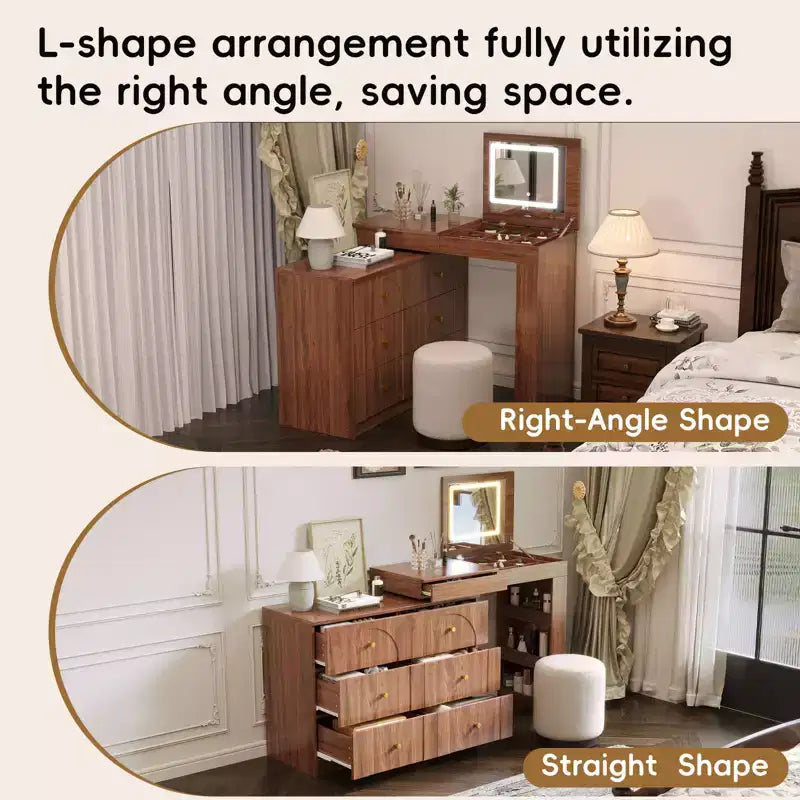 GDFStudio Patricia Modern Mirror Vanity Desk with LED Light, 7 Drawers, 9 Compartments and 3 Shelves