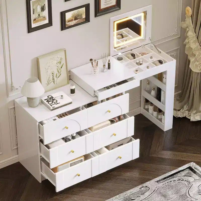 GDFStudio Patricia Modern Mirror Vanity Desk with LED Light, 7 Drawers, 9 Compartments and 3 Shelves