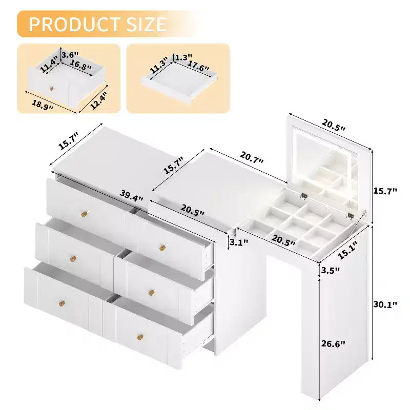 GDFStudio Patricia Modern Mirror Vanity Desk with LED Light, 7 Drawers, 9 Compartments and 3 Shelves