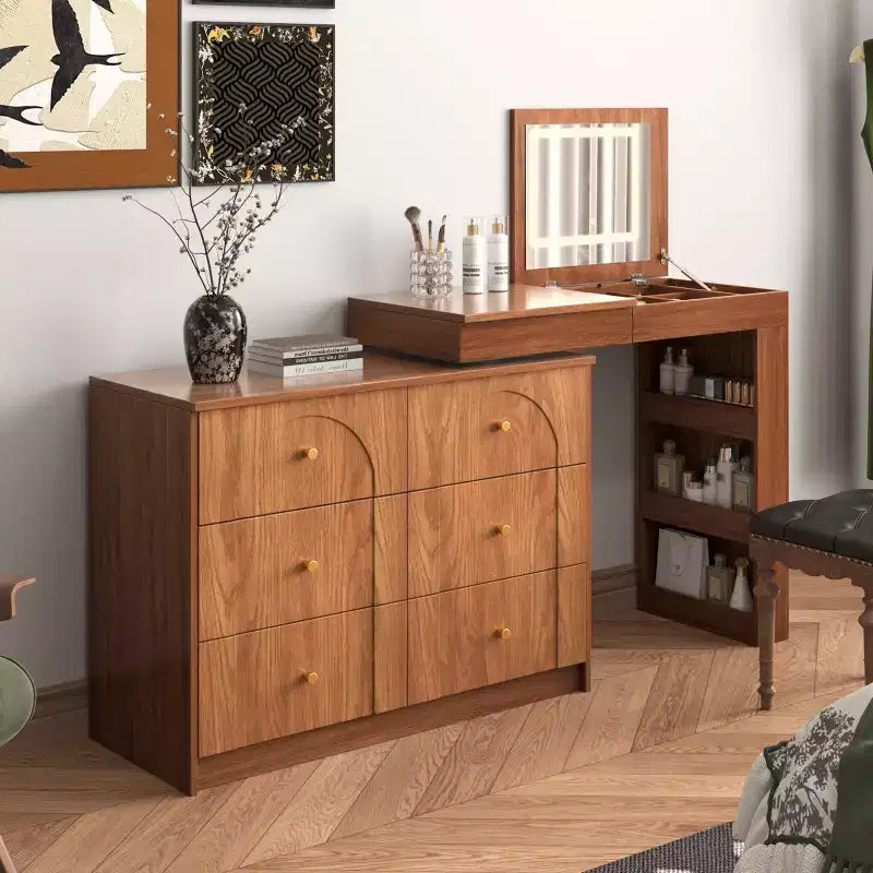 GDFStudio Patricia Modern Mirror Vanity Desk with LED Light, 7 Drawers, 9 Compartments and 3 Shelves