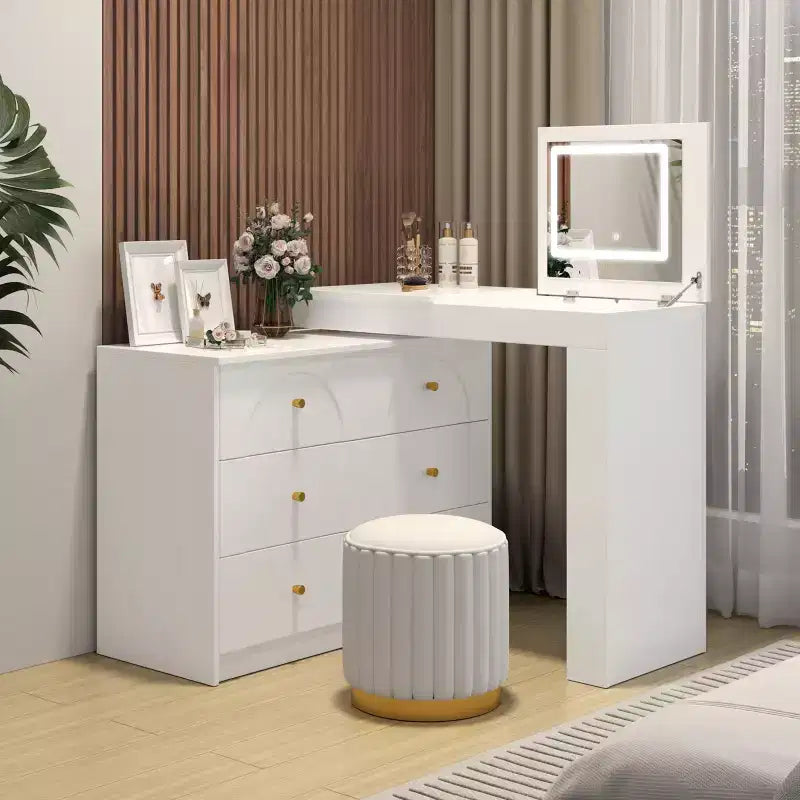 GDFStudio Patricia Modern Mirror Vanity Desk with LED Light, 7 Drawers, 9 Compartments and 3 Shelves
