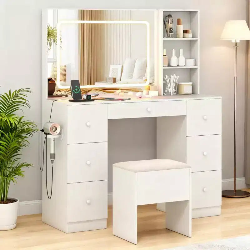 Okak Stylish Vanity Desk with Mirror, Makeup Vanity with Padding Storage Stool, Dressing Table with Adjustable Mode for Living Room, White
