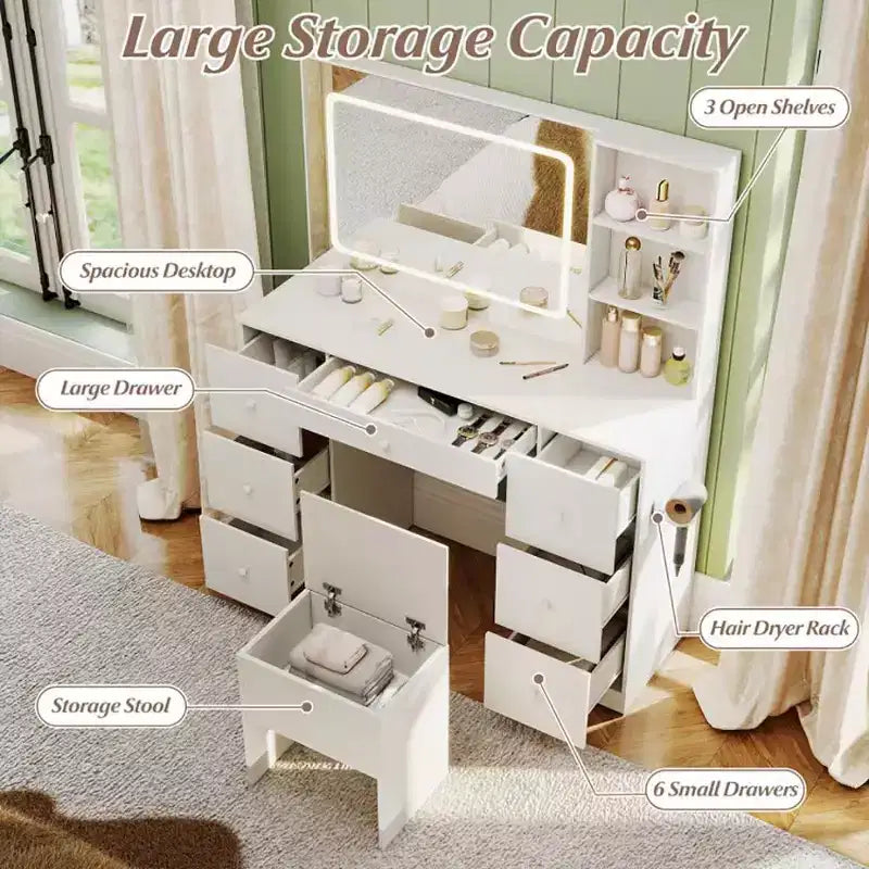 Okak Stylish Vanity Desk with Mirror, Makeup Vanity with Padding Storage Stool, Dressing Table with Adjustable Mode for Living Room, White