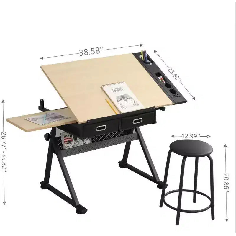 TUYOHW Adjustable Drawing Drafting Desk with 2 Drawers and Stool,Tiltable MDF Desktop 0-75Height Adjustable for Home Office,School,Studio