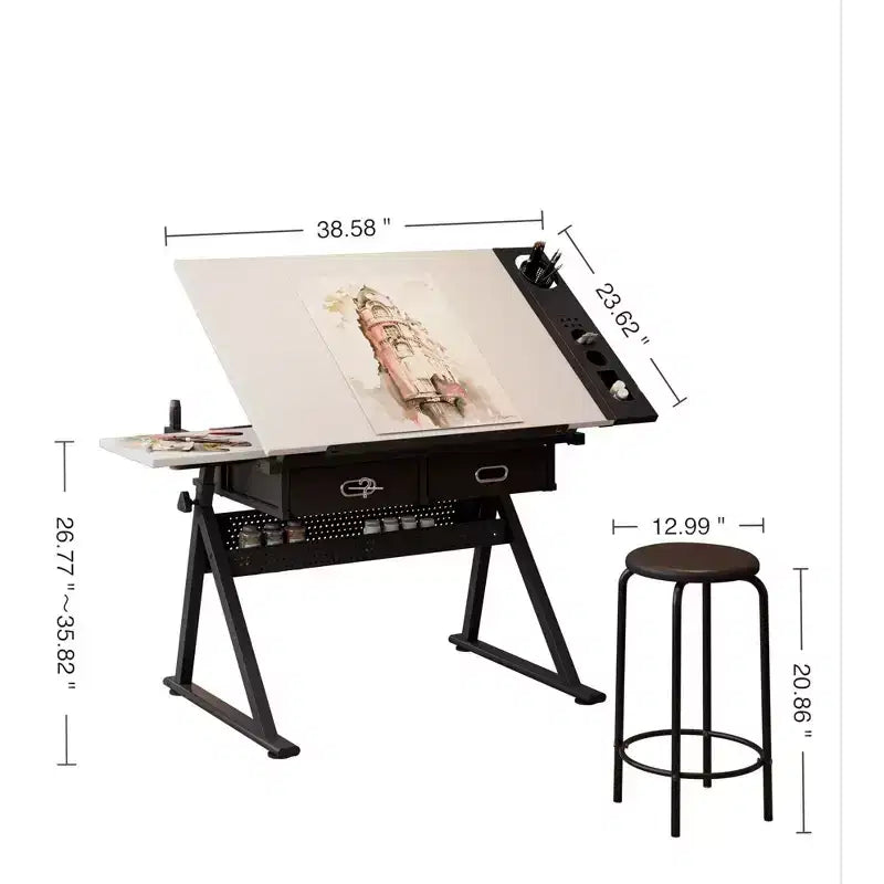 TUYOHW Adjustable Drawing Drafting Desk with 2 Drawers and Stool,Tiltable MDF Desktop 0-75Height Adjustable for Home Office,School,Studio