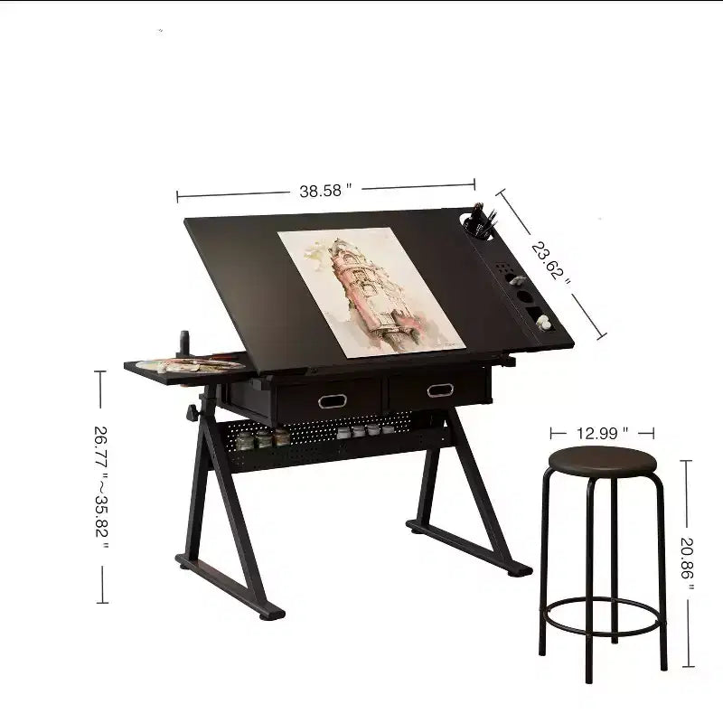 TUYOHW Adjustable Drawing Drafting Desk with 2 Drawers and Stool,Tiltable MDF Desktop 0-75Height Adjustable for Home Office,School,Studio