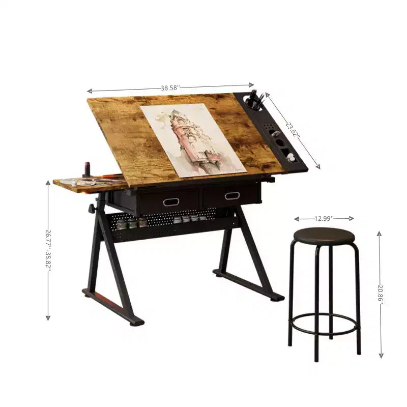 TUYOHW Adjustable Drawing Drafting Desk with 2 Drawers and Stool,Tiltable MDF Desktop 0-75Height Adjustable for Home Office,School,Studio