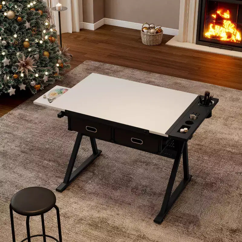 TUYOHW Adjustable Drawing Drafting Desk with 2 Drawers and Stool,Tiltable MDF Desktop 0-75Height Adjustable for Home Office,School,Studio