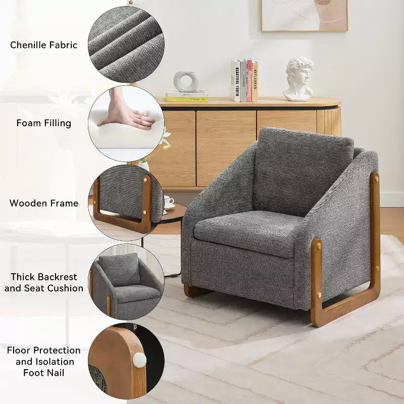 TUYOHW Modern Accent Chair with Chenille Cushioned Seat & Backrest Single Sofa with Wooden Side Frame Accent Chairs for Living Room, Bedroom