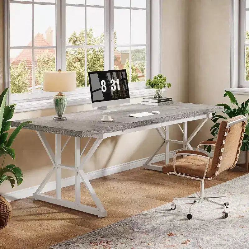 Lantine 70.86-Inch Large Executive Desk, Industrial Home Office Computer Desk, Simple Long Writing Study Table Business Furniture (Grey/White)