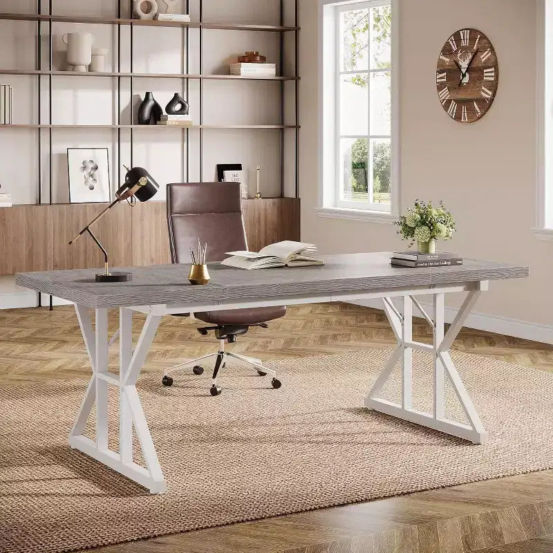 Lantine 70.86-Inch Large Executive Desk, Industrial Home Office Computer Desk, Simple Long Writing Study Table Business Furniture (Grey/White)