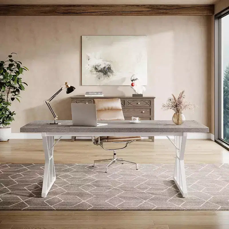 Lantine 70.86-Inch Large Executive Desk, Industrial Home Office Computer Desk, Simple Long Writing Study Table Business Furniture (Grey/White)