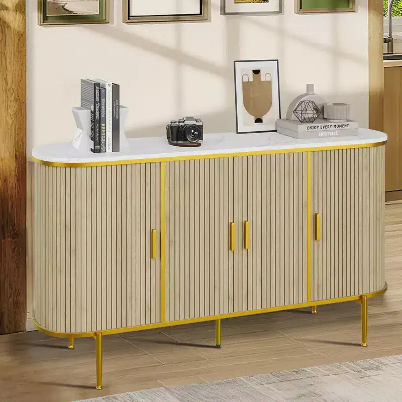 Sideboard Buffet Cabinet with Storage, Fluted Console Cabinet with Faux Marble Top, Mid Century Cabinets for Kitchen, Living Room, Entryway