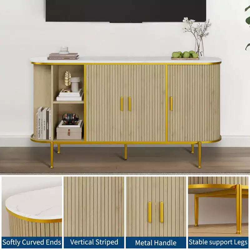 Sideboard Buffet Cabinet with Storage, Fluted Console Cabinet with Faux Marble Top, Mid Century Cabinets for Kitchen, Living Room, Entryway
