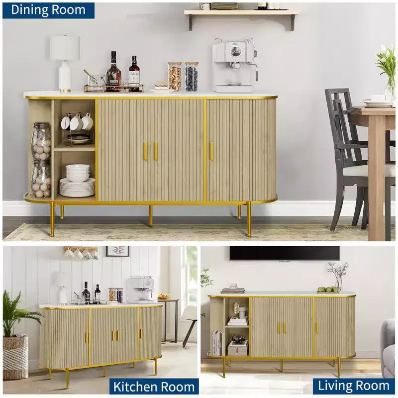 Sideboard Buffet Cabinet with Storage, Fluted Console Cabinet with Faux Marble Top, Mid Century Cabinets for Kitchen, Living Room, Entryway