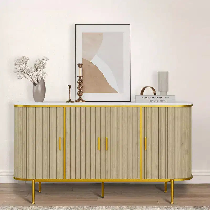 Sideboard Buffet Cabinet with Storage, Fluted Console Cabinet with Faux Marble Top, Mid Century Cabinets for Kitchen, Living Room, Entryway
