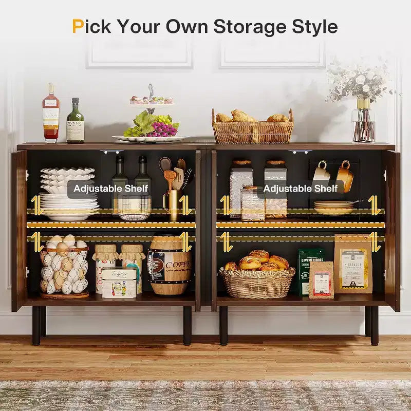 Lantine Vintage Storage Cabinet Set of 2, 59 Walnut Farmhouse Sideboard Buffet with Doors, Adjustable Shelves, ideal for Kitchen, Hallway.