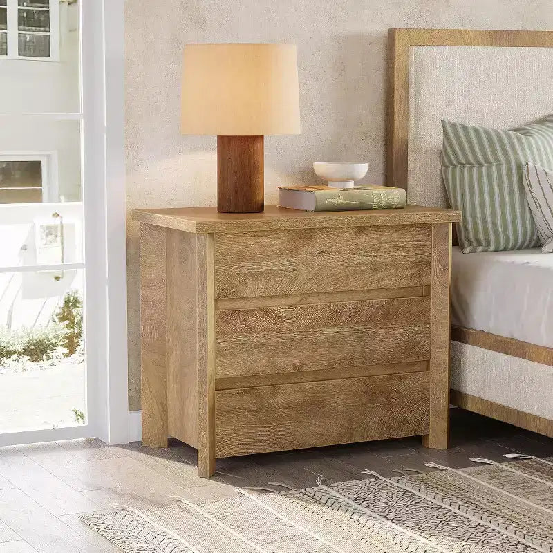 Lantine 3-Drawer Nightstand, Wooden Farmhouse Bedside Table for Bedroom, Large Wide Nightstand with Drawers, Oak