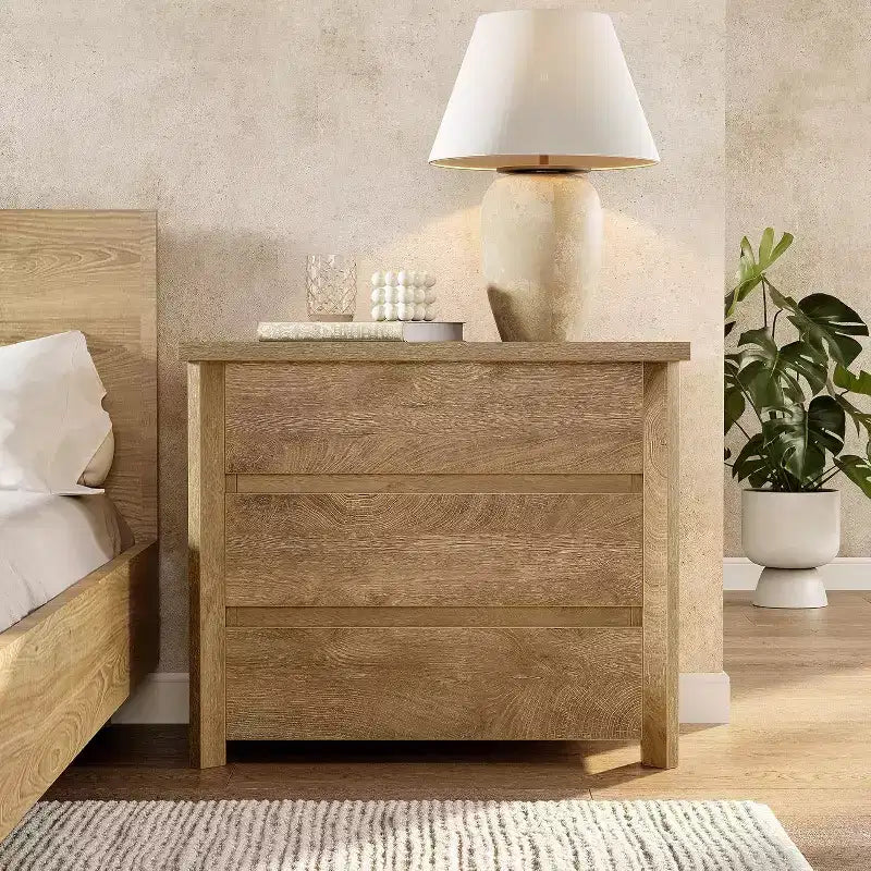 Lantine 3-Drawer Nightstand, Wooden Farmhouse Bedside Table for Bedroom, Large Wide Nightstand with Drawers, Oak
