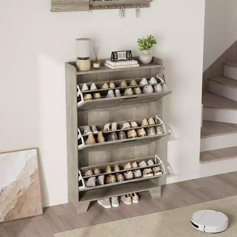 3-Flip Drawer Farmhouse Shoe Cabinet Hidden Slim Freestanding Shoe Organizer Space-Saving Storage Rack for Entryway Small Spaces