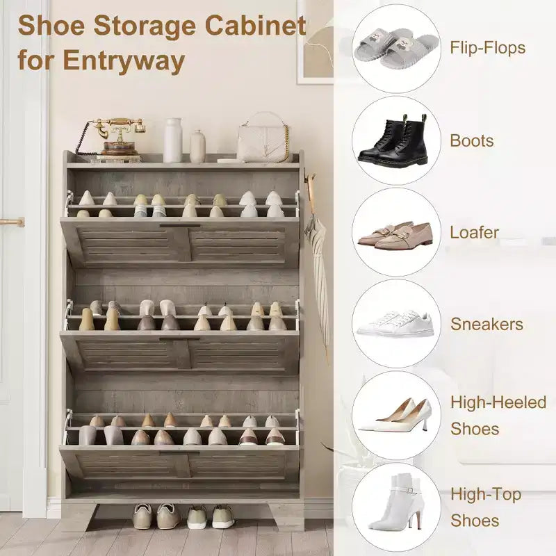 3-Flip Drawer Farmhouse Shoe Cabinet Hidden Slim Freestanding Shoe Organizer Space-Saving Storage Rack for Entryway Small Spaces