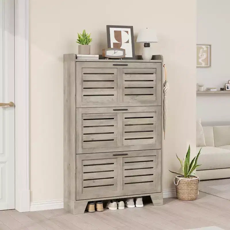 3-Flip Drawer Farmhouse Shoe Cabinet Hidden Slim Freestanding Shoe Organizer Space-Saving Storage Rack for Entryway Small Spaces