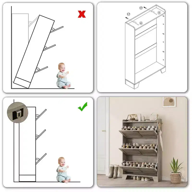 3-Flip Drawer Farmhouse Shoe Cabinet Hidden Slim Freestanding Shoe Organizer Space-Saving Storage Rack for Entryway Small Spaces