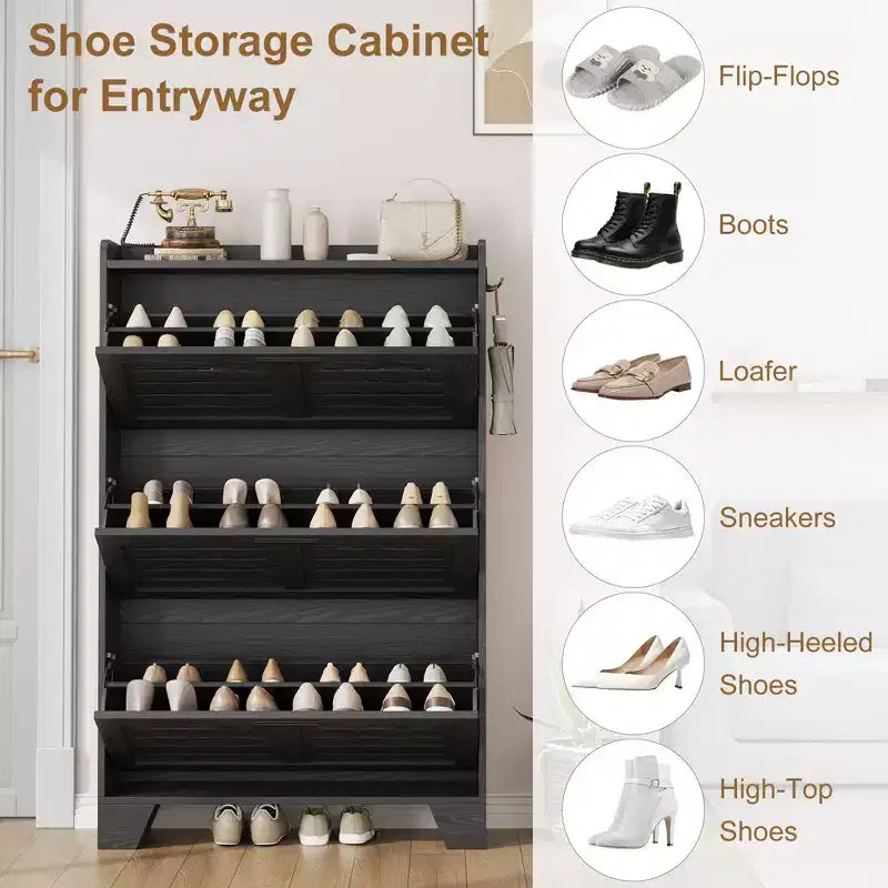 3-Flip Drawer Farmhouse Shoe Cabinet Hidden Slim Freestanding Shoe Organizer Space-Saving Storage Rack for Entryway Small Spaces