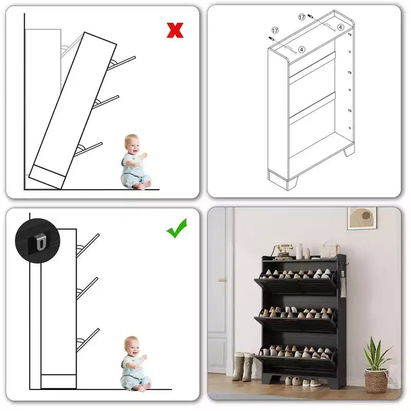 3-Flip Drawer Farmhouse Shoe Cabinet Hidden Slim Freestanding Shoe Organizer Space-Saving Storage Rack for Entryway Small Spaces