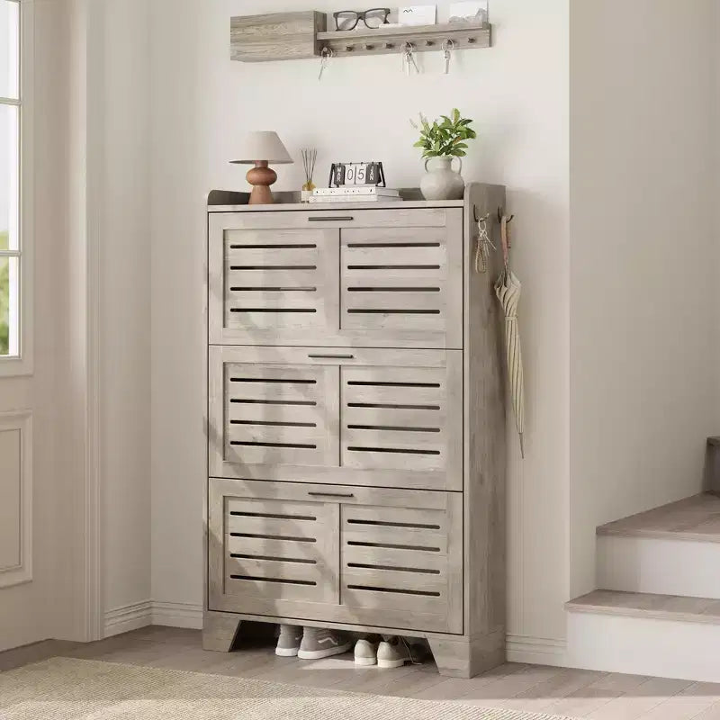 3-Flip Drawer Farmhouse Shoe Cabinet Hidden Slim Freestanding Shoe Organizer Space-Saving Storage Rack for Entryway Small Spaces
