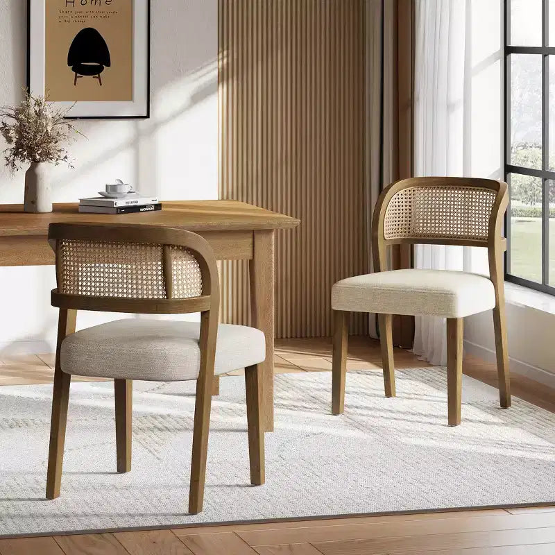 Christopher Knight Home Meera Farmhouse Rubberwood Upholstered Dining Chairs with Curved Natural Rattan Cane Back (Set of 2)