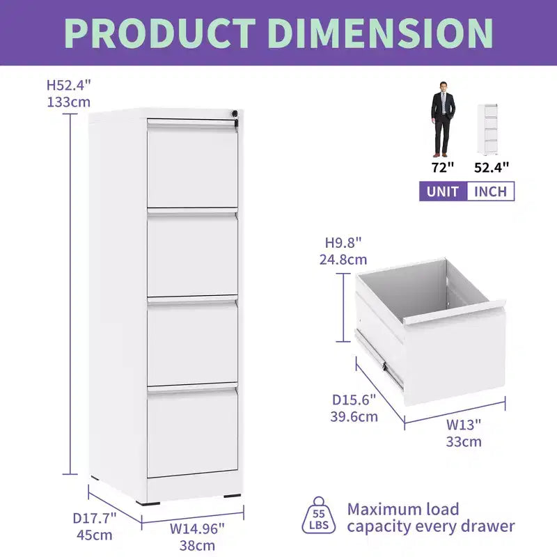 4 Drawer Metal Vertical File Cabinet with Lock Office Home Steel Vertical File Cabinet
